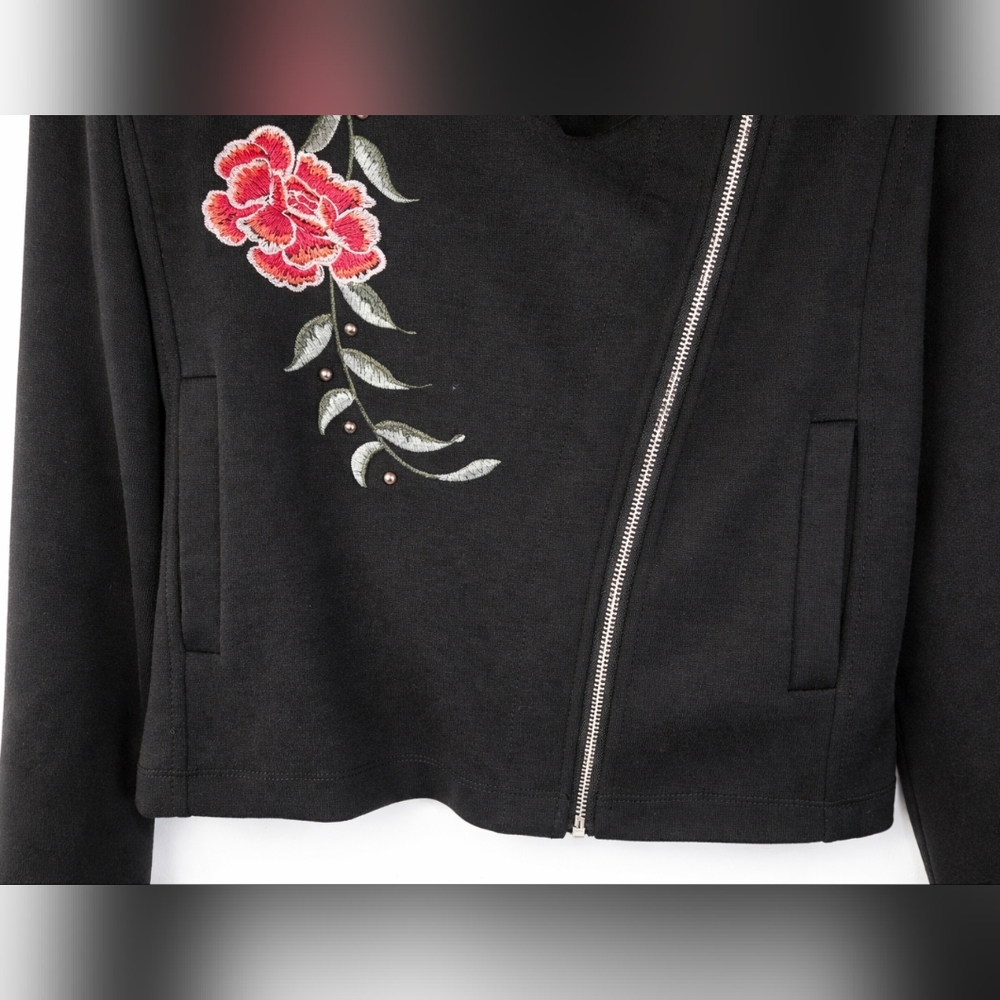 W5 (Anthropologie) Med Black Embroidered Moto Jacket Asymmetrical Zip - Picture 6 of 10